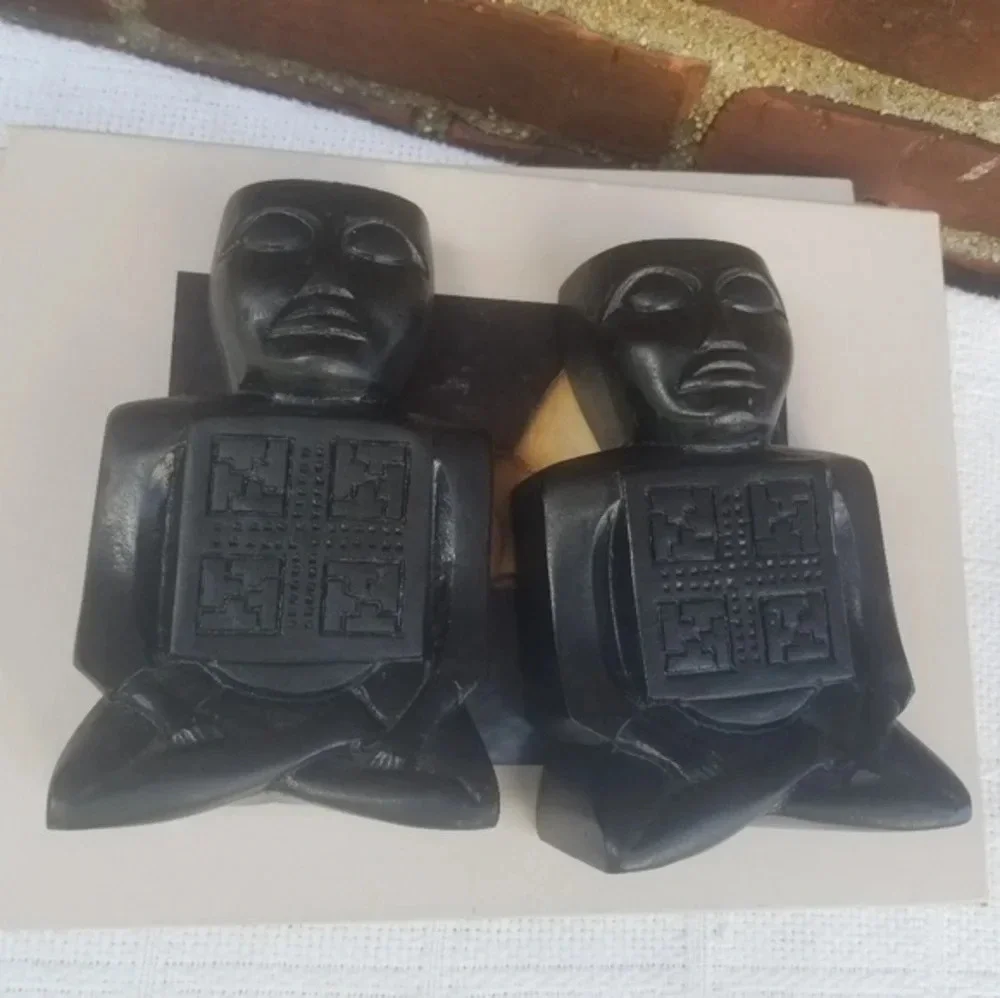 Vintage Mayan Figural Bookends Ebony Wood Hand Carved Black Sculptural Decor